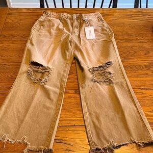 Stylish Tan Distressed Wide Leg Jeans